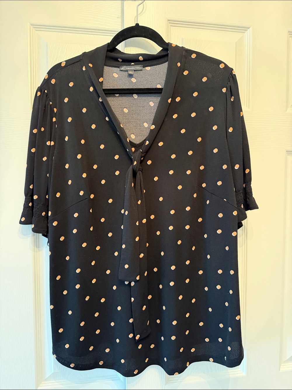 Adrianna Papell Black Blouse with Beige Polka Dots and Tie Neck